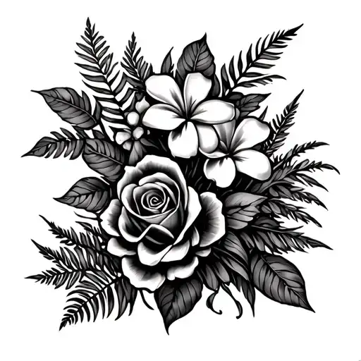 forearm tattoo with roses plumeria flowers tropical flowers and ferns and skulls tattoo design idea