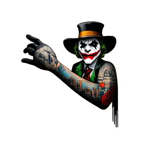 Arm sleeve with Kaws figure and the joker with Gotham city in the background with a little bit of red coloring in it  tattoo design idea
