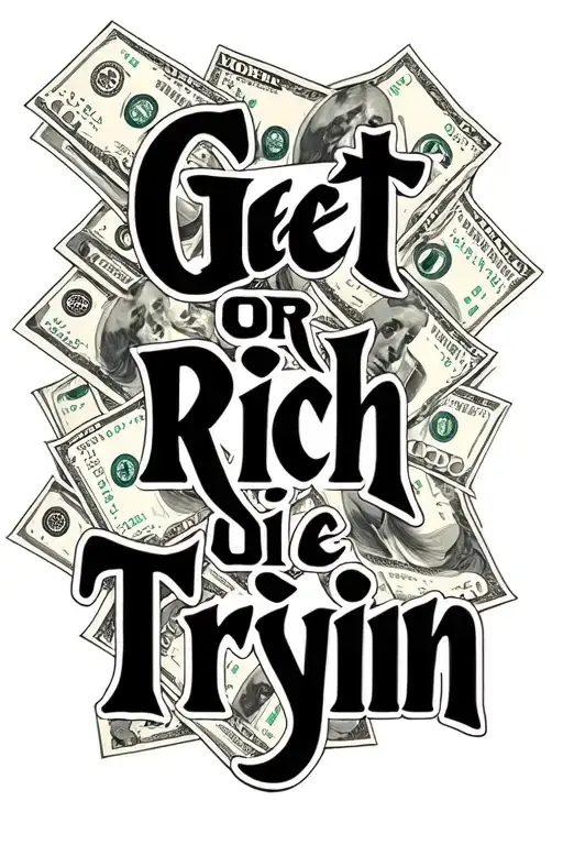 money whit text "get rich or die tryin" tattoo design idea
