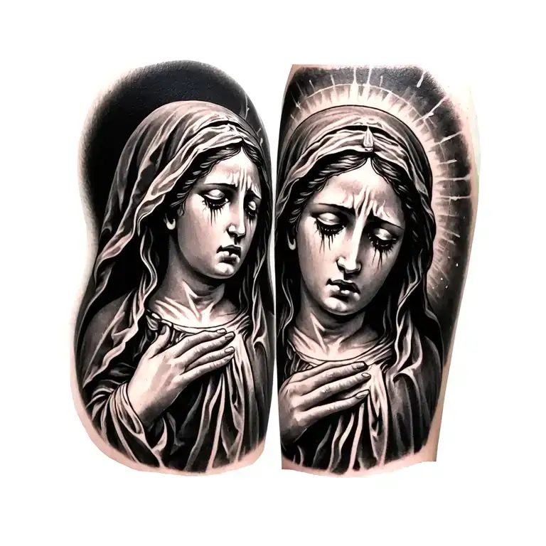 Forearm tattoo. Crying Virgin Mary in a dark but sacred and realistic black and gray style. Show deep emotion and detail tattoo design idea