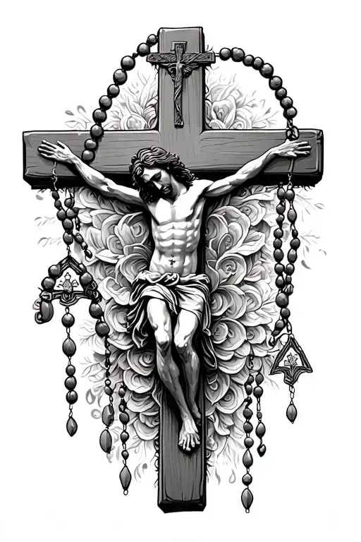 Jesus on cross and rosary beads tattoo design idea