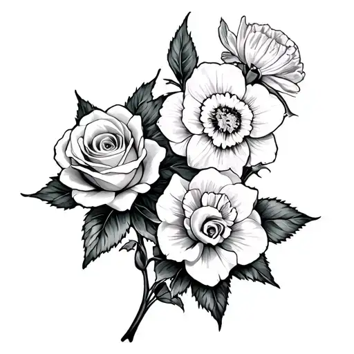 2 roses 2 carnations and a daffodil tattoo design idea