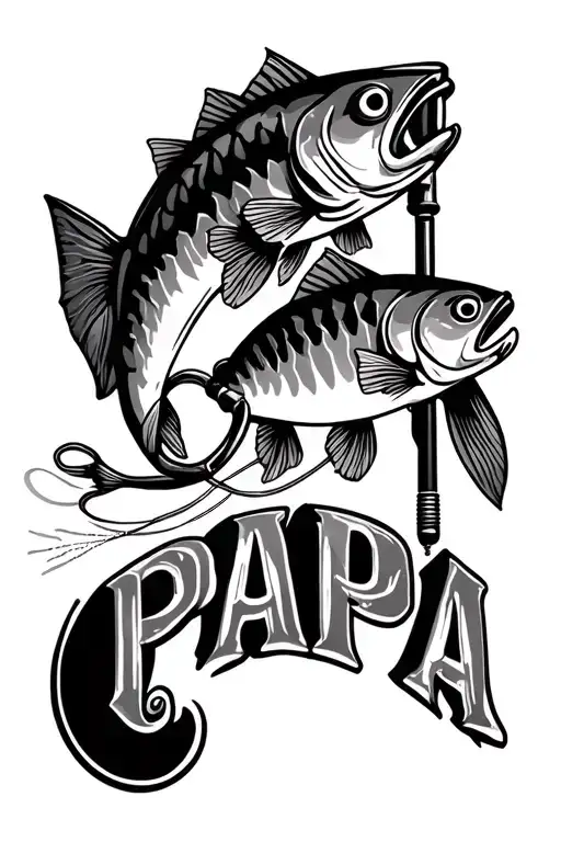 Fishing pole with fishing line spelling papa tattoo design idea