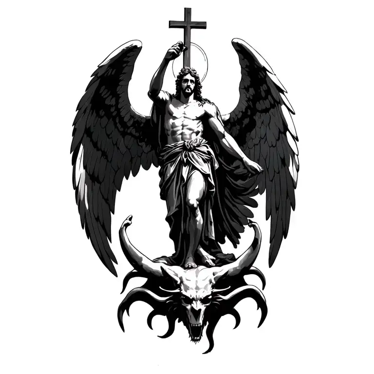 Saint Michael the Archangel stands on Satan, holding a cross that he raises above, above which is a round halo tattoo design idea