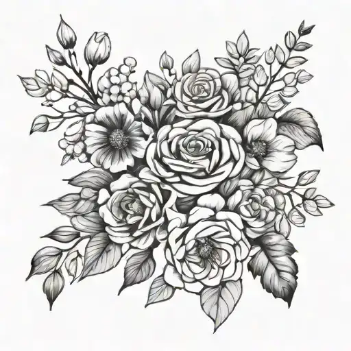 Bouquet April, February, august, September, october, black and white, minimalist tattoo design idea