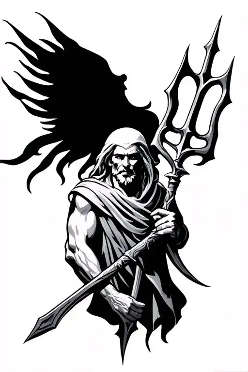 Posiedon Holding trident intertwined tattoo design idea