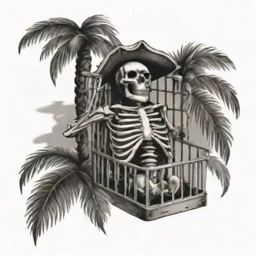 palm tree pirate skeleton in cage tattoo design idea
