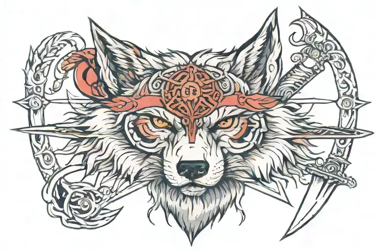 wolf with a sword and third eye looking tattoo design idea