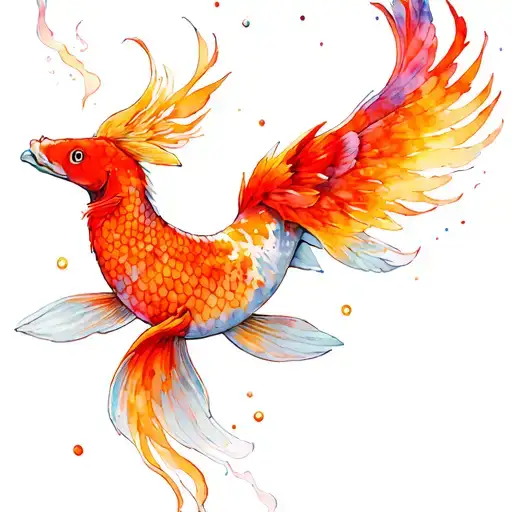 koi fish transforming into a phoenix rising from ashes tattoo design idea
