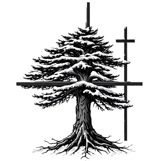 a mighty pine tree growing from a cross with roots in the ground, elaborate, snow, geometric elements, relief print tattoo design idea