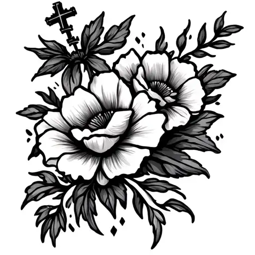 Create a tattoo template that goes from my forearm to just below my wrist on my hand, incorporate a cross and flowers tattoo design idea