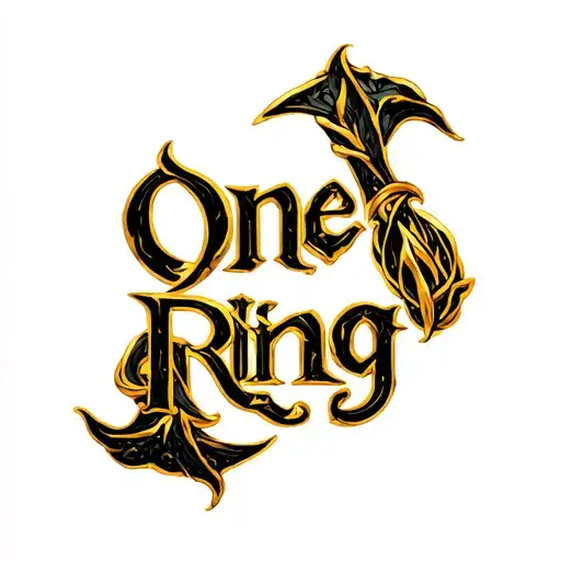 The phrase "One Ring" from the "Lord of the Rings" franchise in gold colors and black details tattoo design idea
