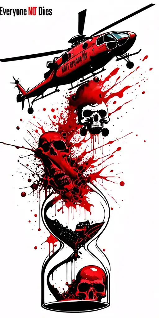 "Everyone Dies NOT everyone liv" ec145 helicopter flying with hour glass fill with blood and skulls  tattoo design idea