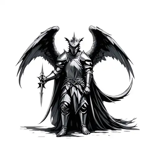 Knight with angel and dragon wings spread wide open tattoo design idea
