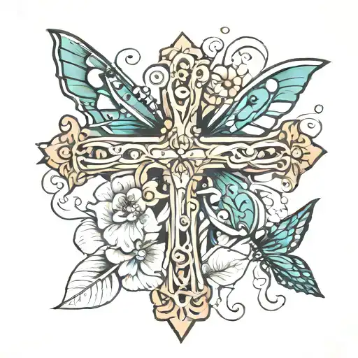 christian wooden cross with butterfly, dragonfly and ladybug around the cross   tattoo design idea