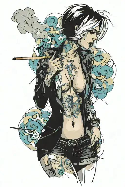 Sexy girl, Huge cleavage, petite, torn clothing, short white bob hairstyle, smoking a cigarette, thick butt, standing tattoo design idea