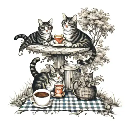 A whimsical scene of cats and coffee cups enjoying a picnic in a sunny park tattoo design idea
