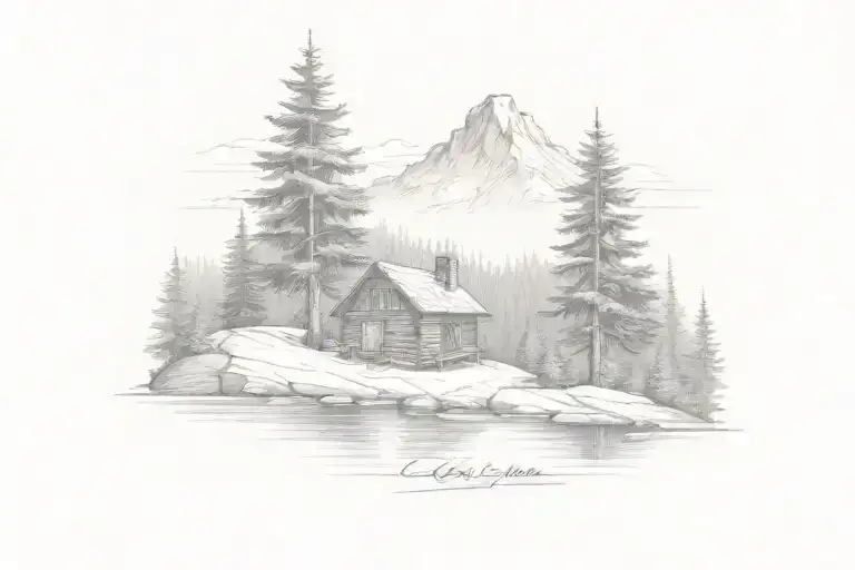 Mountain Scene cabin tattoo design idea
