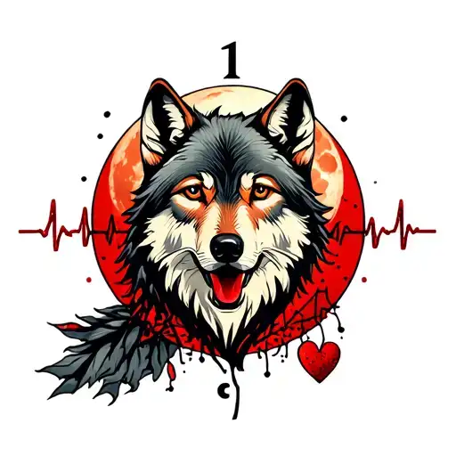 wolf, blood moon, time clock, heartbeat line tattoo design idea