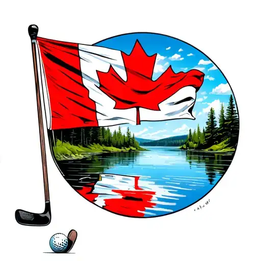 A neotraditional design of a Canadian flag waving over a serene lake scene, with hockey sticks and golf clubs forming a border around the edges tattoo design idea