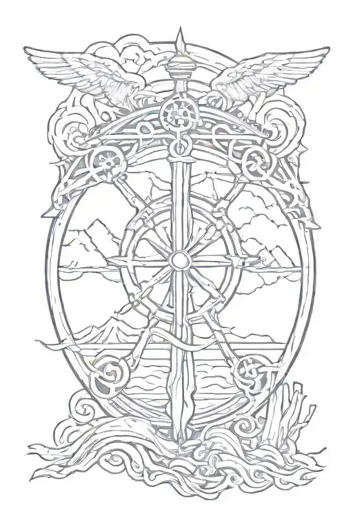 Caduceus, wheel, mountain, sea tattoo design idea