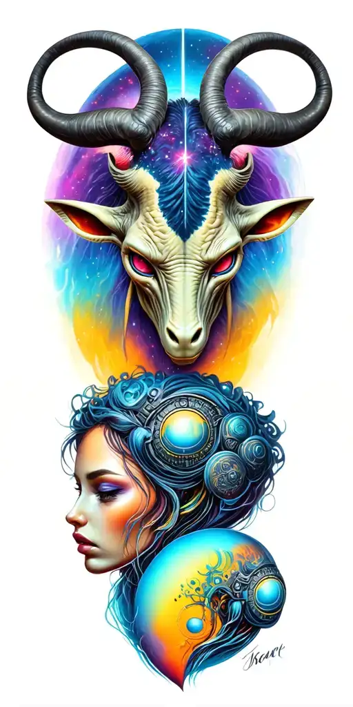 Minotaur head above female alien heads with space as the background tattoo design idea