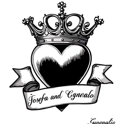 Heart with a crown and a ribbon with the names "Josefa and Gonzalo" and "Ginesa and Eugenio" tattoo design idea