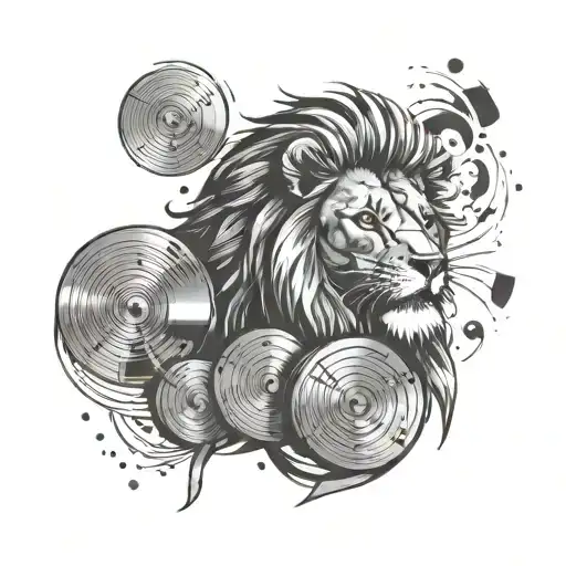 lion with cd discs falling tattoo design idea