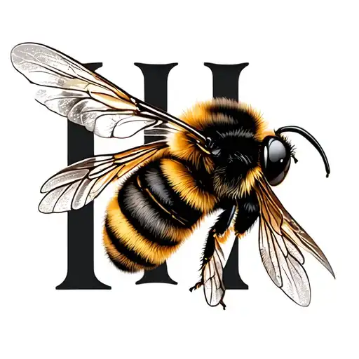 letter H and bumble bee flying tattoo design idea