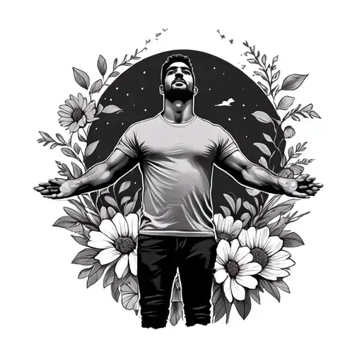 "A man wearing a t-shirt standing with open arms, looking into the distance with hope. Surrounding him are flowers tattoo design idea