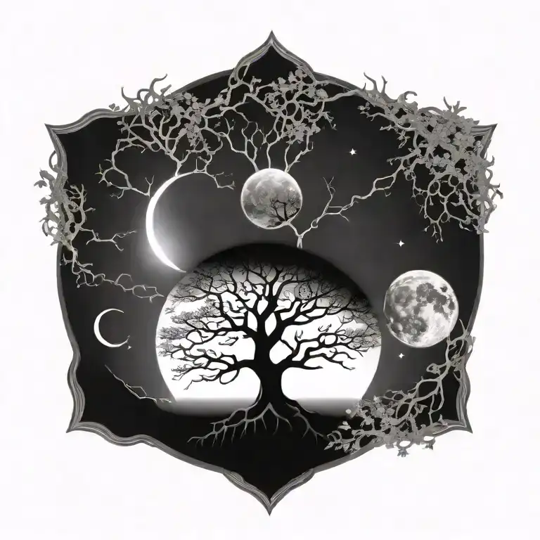 chakra" + tree of life yggdrasil +. yin and yang in moon + meditating Monk tattoo design idea