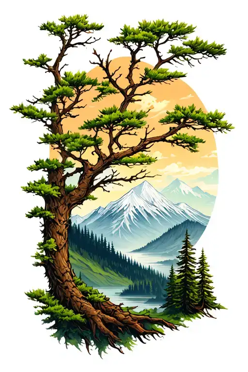 Tree branches and mountain landscape tattoo design idea