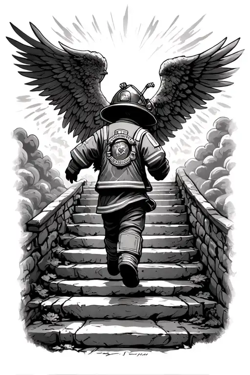 A small child in a firefighter costume, running up a long set of stairs towards heaven, with St. Michael and St. Florian tattoo design idea