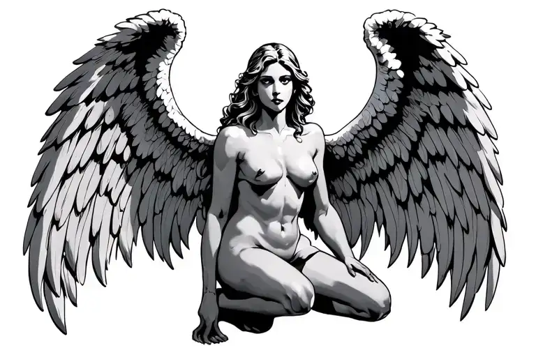 kneeling angel with one holy wing and one evil wing spread tattoo design idea