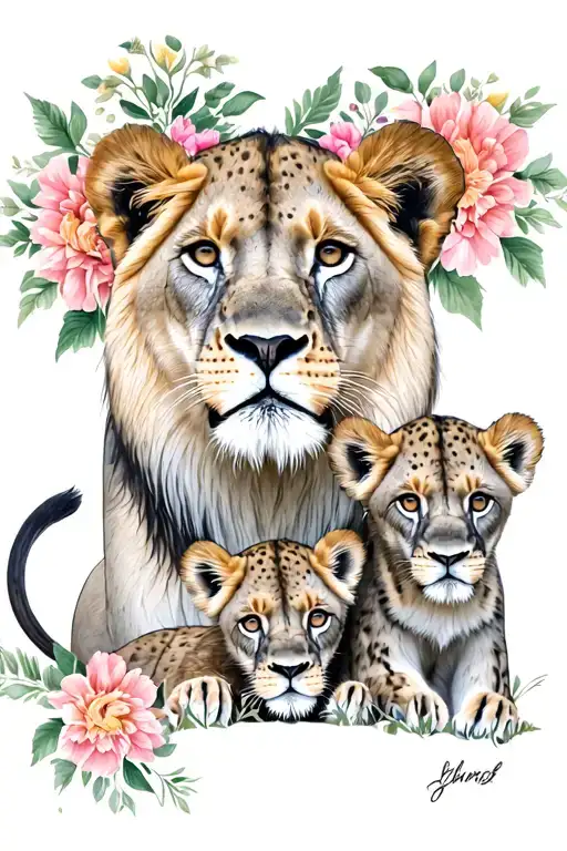 lioness with cubs and flowers tattoo design idea
