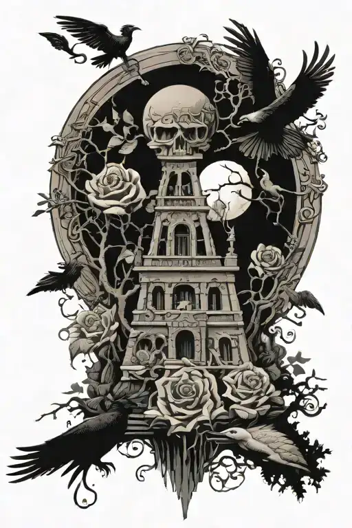 roses, dragon coil, waterfall flowing, egyptian pyramid, big tree, crows, the moon, yinyang, hourglass,whale,wheel chair tattoo design idea