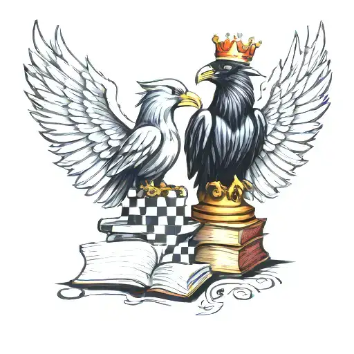 king and queen chess piece with books and raven flying tattoo design idea