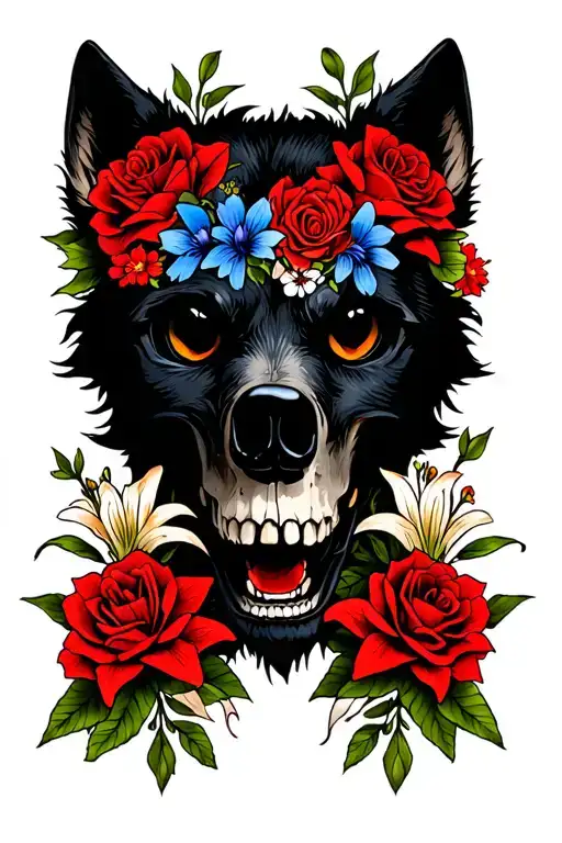 Half wolf skull and face with roses, cornflowers and lilies tattoo design idea