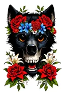 Half wolf skull and face with roses, cornflowers and lilies tattoo design idea
