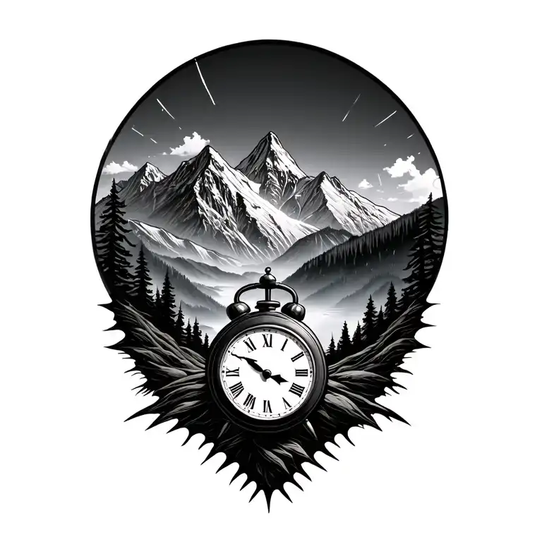 mountain in background with clock in foreground  tattoo design idea