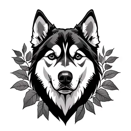 Husky dog head with leaves underneath tattoo design idea