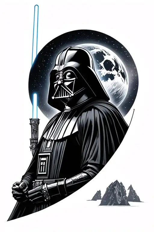 Darth Vader, facing his left, making a fist while holding a lightsaber in the othrr hand, the planet mustafar behind him tattoo design idea