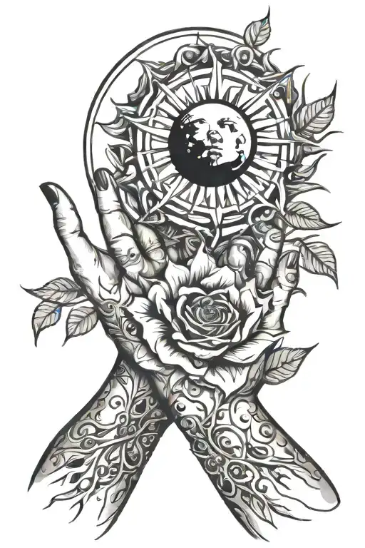  sun and moon floating in an open hand, rose thorns around the hand tattoo design idea