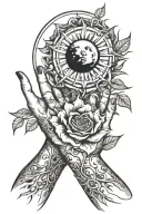  sun and moon floating in an open hand, rose thorns around the hand tattoo design idea
