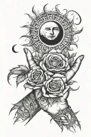 sun and moon floating in an open hand, rose thorns around the hand tattoo design idea