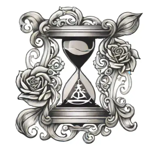 Hour Glass Filled with Alpha and Omega symbol intertwined tattoo design idea