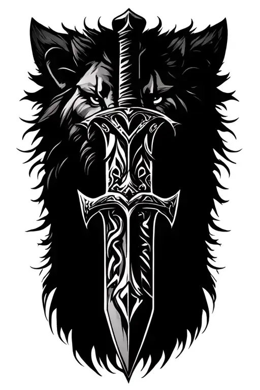sword behind a lion head, viking rune tattoo design idea