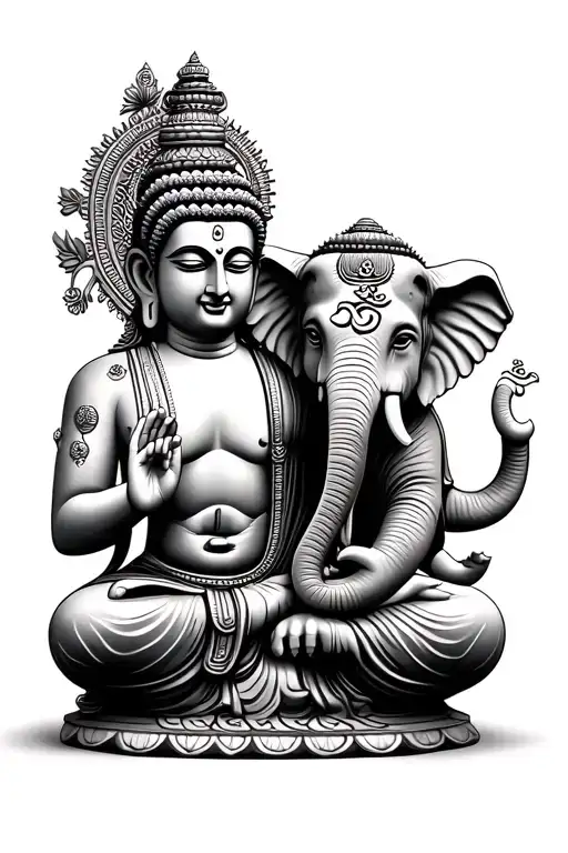 A Buddha with an Elephant who has Indian OM tattoo design idea