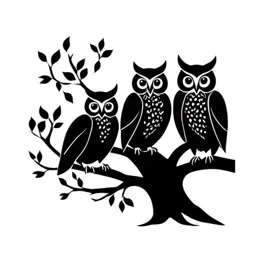 fine lines black with shadowing owls on a family tree with mom owl dad owl and three daughters owls. tattoo design idea