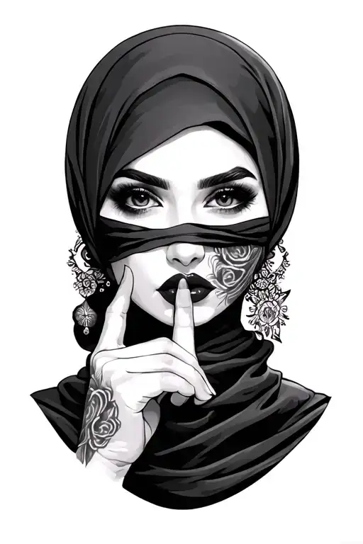 Realistic woman, eyes hidden, finger to lips in 'shh' pose, mysterious and magical aura, hot lips, hijab tattoo design idea
